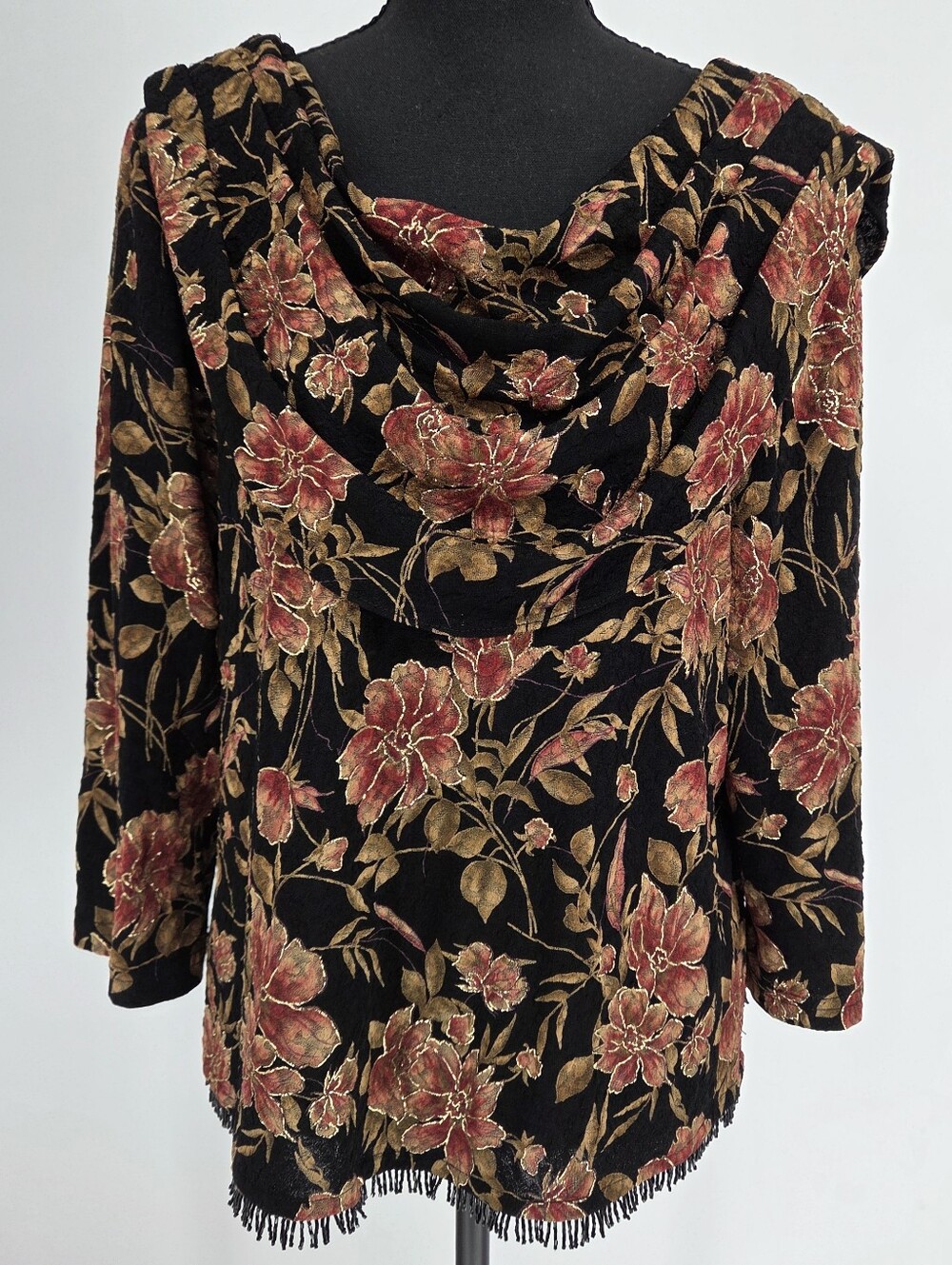 Vintage 90s MSK Womens Black Gold Floral Cowl Neck Long Sleeve Beaded Fringe 1X